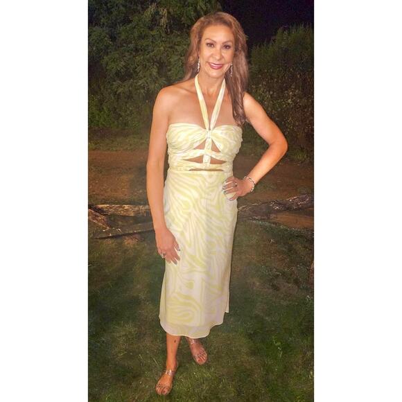 RONNY KOBO X RTR Green Printed Knotted Neckline Waist Cutout Dress Size 4 - Picture 14 of 16